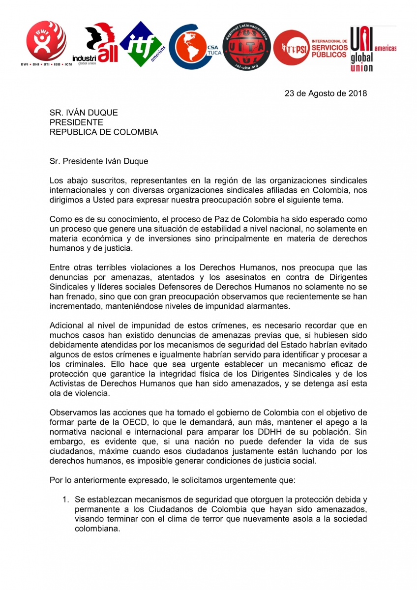 Carta de las organizaciones sindicales internacionales al presidente de la  República de Colombia | PSI