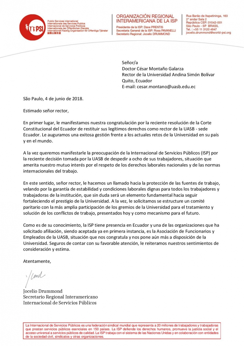 Carta de la ISP Interaméricas al rector de la Universidad 